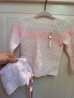 Hand-Knit White and Light Pink Baby Matching Sweater & Bonnet Set